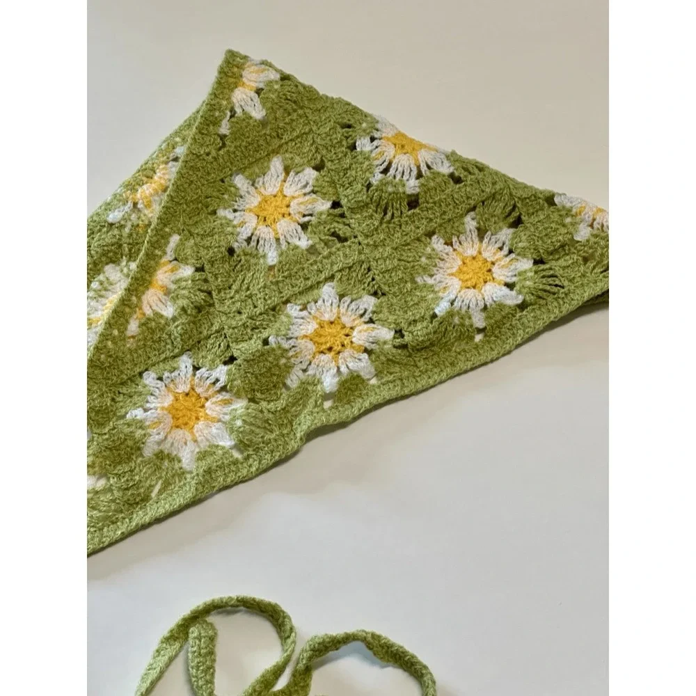Crochet Daisy Hair Bandana Green Floral Headscarf Kerchief Cottagecore Boho Tie